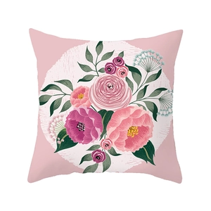 Floral print square pillowcase featuring pink and purple peonies on a soft pink background