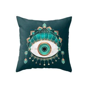 Nordic green geometric throw pillow cover featuring golden evil eye bohemian pattern