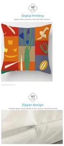 Detail of invisible zipper closure and digital printing on abstract art cushion cover