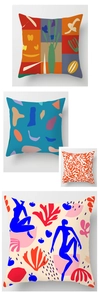 Detail view of four Matisse style abstract art cushion covers with vibrant colors