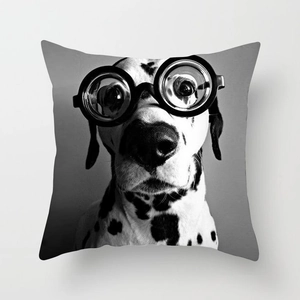 Modern square cushion cover featuring a black and white dalmatian with glasses print