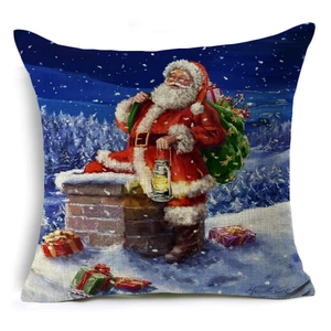 Close-up of linen Santa Claus cushion cover showing detailed fabric texture and print