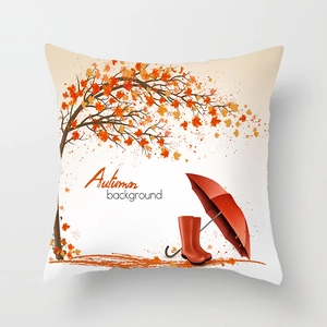 Detail of square pillowcase with autumn maple tree, red boots and umbrella illustration