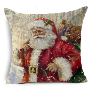 Linen Christmas pillow case featuring a hand-drawn Santa Claus with gift bag on white backdrop