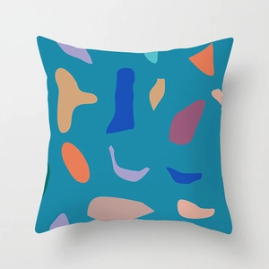Abstract Matisse style pillow cover with colorful geometric shapes on a blue base