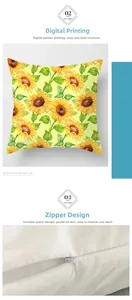 Macro shot of invisible zipper and sunflower digital print on square pillowcase