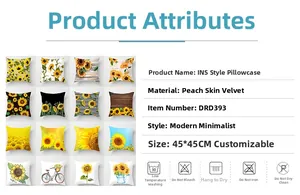 Detailed grid of 45x45cm peach skin sunflower pillow covers with size and care guide