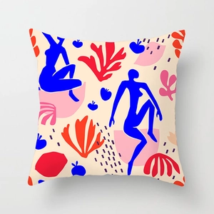 Artistic Matisse style throw pillow cover featuring blue silhouette and coral patterns