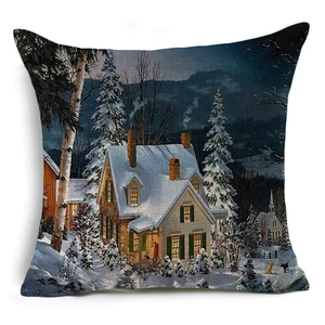 Macro detail of Christmas linen pillowcase showing vintage snow scene and rustic texture