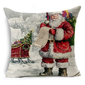 Close-up of Santa Claus linen pillow cover showing woven texture and festive print detail