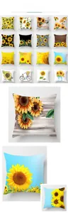 Detail view of sunflower pillow covers featuring vibrant floral patterns and autumn lettering