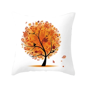 White square autumn pillow case with maple leaf tree and squirrel silhouette print