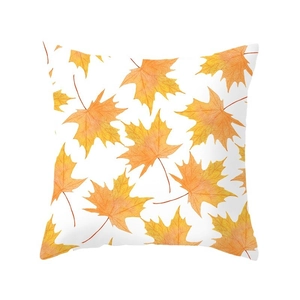 Square white pillowcase featuring orange watercolor maple leaf patterns for autumn decor