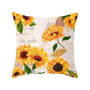 Vintage sunflower pillow cover with French script and postcard elements on white background