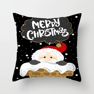 Christmas square pillowcase with Santa Claus and Merry Christmas text on black snowflake background