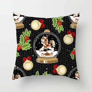 Close-up of Christmas pillowcase with knit texture, snow globe, and golden bells