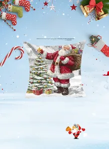 Close-up of Santa Claus with gift bag and Christmas tree illustration on pillow case
