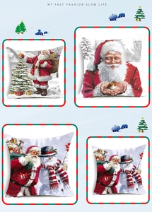 Detail showing four Christmas Santa Claus pillow cover designs with festive illustrations