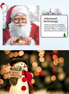 Detail of digital printed Christmas pillow case with bright Santa and snowman patterns