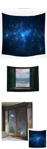 Detail of starry sky tapestry showing nebula patterns and seaside window view decor
