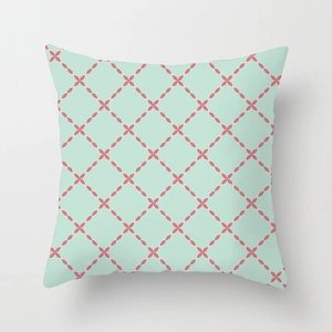 Mint green geometric plaid cushion cover with pink floral patterns for sofa decor