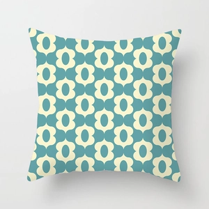 Minimalist square pillow cover with blue and beige geometric floral pattern