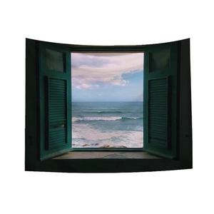 Starry sky tapestry with realistic ocean view through green shutters for wall decor