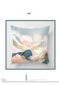 Detail of soft peach skin fabric back and digital print golden mountain cushion cover