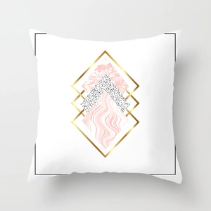 Detail of Nordic pink marble geometric pattern on a white modern square cushion cover