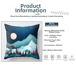 Detail view of peach skin fabric pillowcase featuring geometric mountain landscape patterns