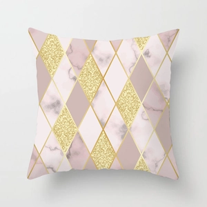 Detailed view of modern pink marble geometric cushion cover with gold glitter accents