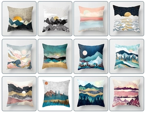 Detailed grid of 12 modern abstract mountain and forest printed square pillowcases