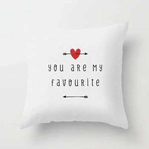 Detail of white square pillowcase with You Are My Favourite text and red heart