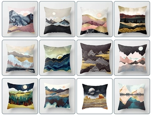 Grid view of twelve square cushion covers with abstract golden mountain and forest patterns