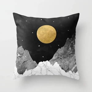 Modern abstract mountain cushion cover with gold sun and marble texture on grey background