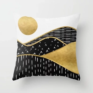 Modern gold mountain peak throw pillow cover with abstract sun and geometric textures