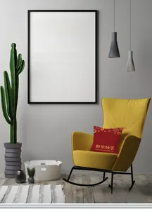 Detail of red festive pillow with golden fireworks and Happy New Year text on yellow chair