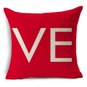 Red linen Valentine's pillow cover with LOVE print on a white background