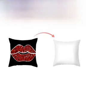 Front and back view of a Valentine red lips cushion cover with custom printing options