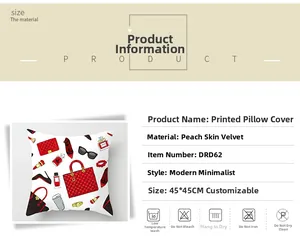 Detailed spec sheet for 45x45cm peach skin velvet pillowcase with fashion print