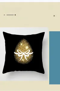 Detail of Happy Easter pillowcase with gold glitter egg and white bow on black peach skin