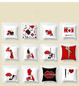Detailed grid showing twelve red and black cartoon Valentine cushion cover designs