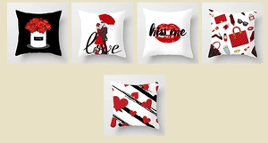 Collection of five red and white Valentine's cushion covers with romantic graphic prints