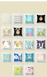 Grid view showing 18 styles of peach skin Easter bunny cushion covers with colorful prints