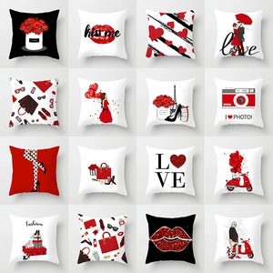 Fashion Valentine Day Red Heart Lips Rose Printed Polyester Cushion Cover For Sofa Living Room Decorative Throw Pillowcase
