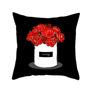 Black Valentine cushion cover with hand-painted red roses in a flower bucket design