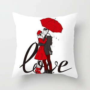 Square Valentine's Day cushion cover with romantic couple under a red polka dot umbrella