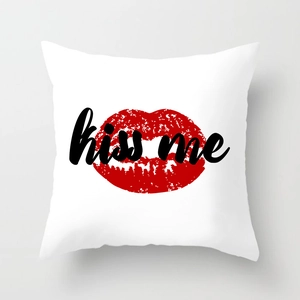 White Valentine square pillow case with red lips and kiss me print for home sofa decor