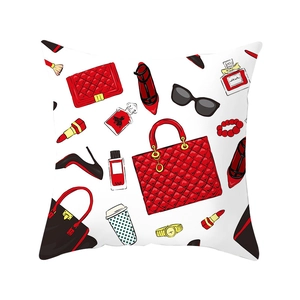 Red cartoon Valentines Day cushion cover with fashion accessories and plaid handbag print