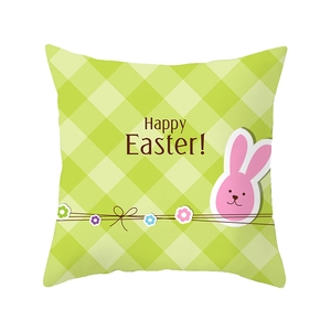 Easter decorative pillow case featuring pink cartoon bunny and green plaid design